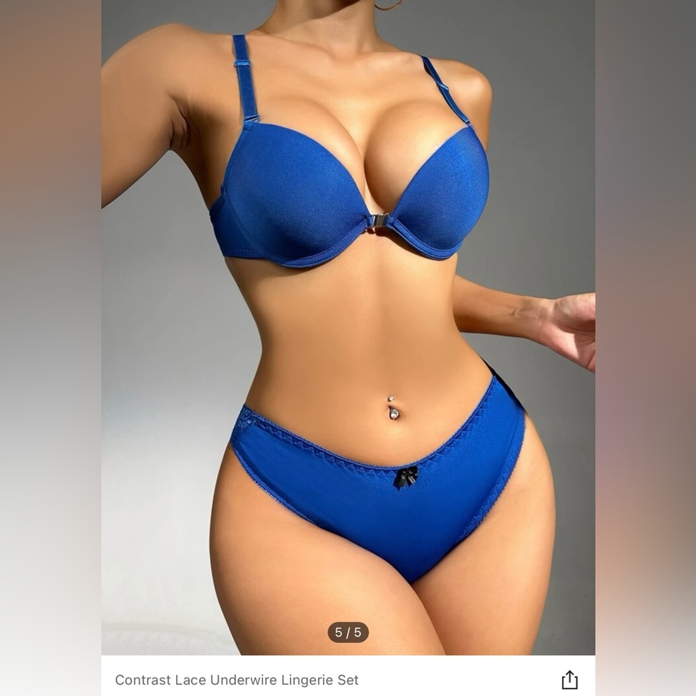 Contrast Lace Underwire Set Royal Blue